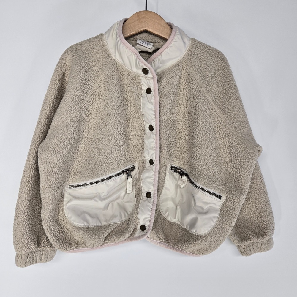 GAP Kids Sherpa Fleece Jacket Unisex S 6-7 Beige Snap Button Mock Neck Outerwear